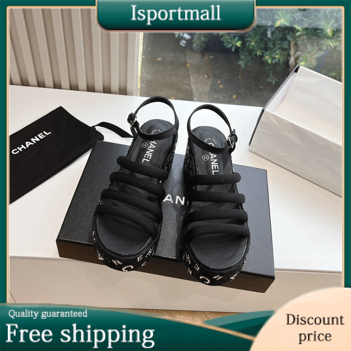 CHANEL Rhinestone Fish Mouth Platform Sandals-Isportmall